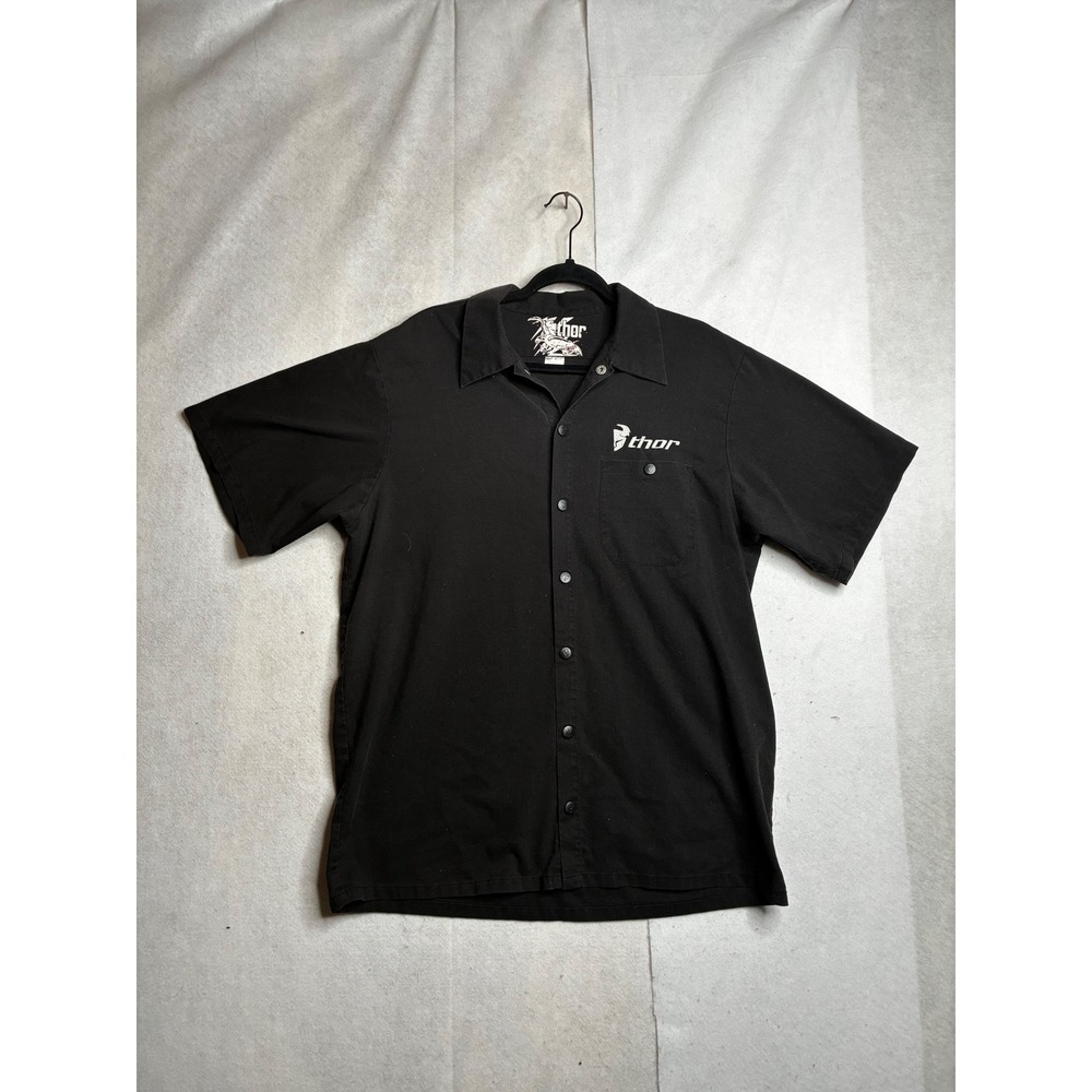 Thor Motocross Mens XL Black Short Sleeve Button Up Work Shop Shirt Logo Graphic